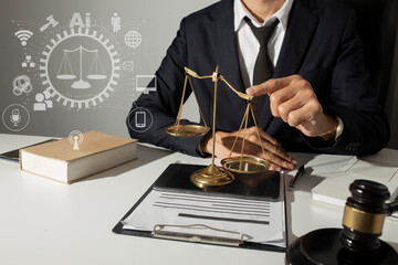 Justice and law concept. Hands of male judge working at a courtroom,