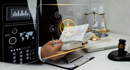 Concepts of Law and Legal services. Lawyer working with law interface icons. Blurred background.