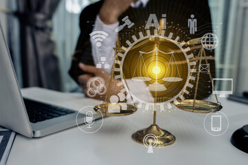 Concepts of Law and Legal services. Lawyer working with law interface icons. Blurred background.