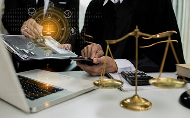 Concepts of Law and Legal services. Lawyer working with law interface icons. Blurred background.