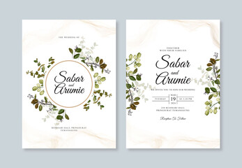Wedding invitation set template with watercolor foliage