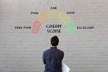Man staring at wall looking at abstract design credit score meter. Young Entrepreneur businessman