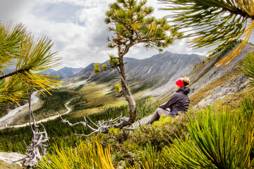 Young woman sits on the edge of a cliff in coniferous trees and looks at the green mountain valley