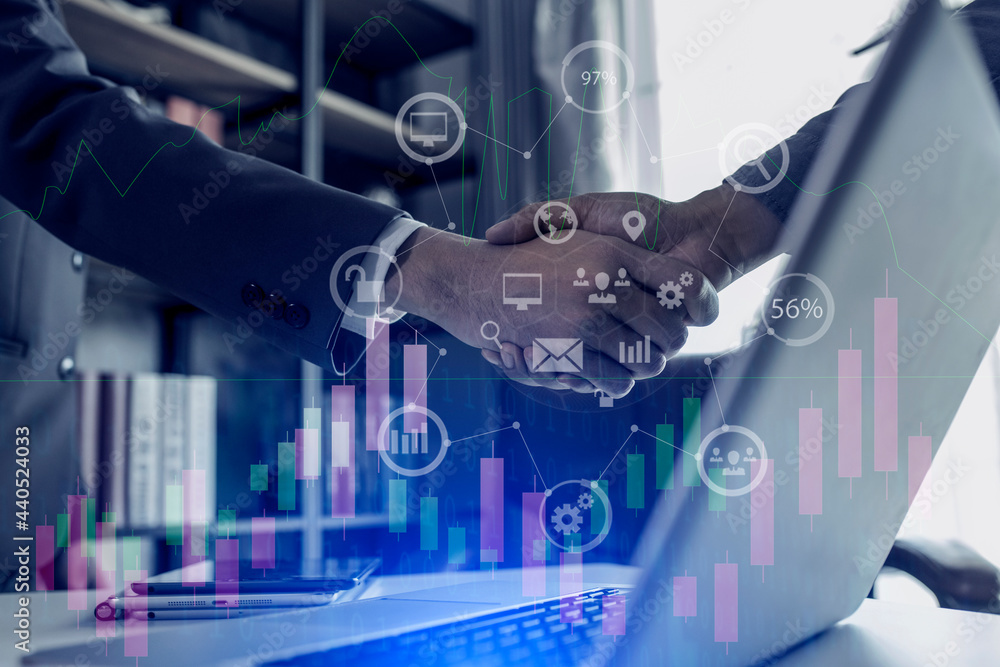 Poster business with digital network connection and virtual interface screen, business digital and technolo