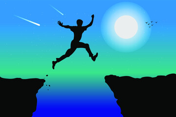 Silhouette of a person jumping at night. Man jumping between two mountains.