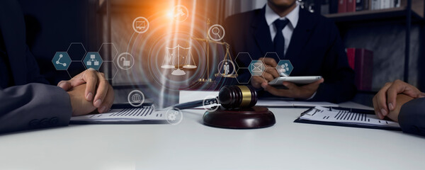 Concepts of Law and Legal services. Lawyer working with law interface icons. Blurred background.	 - obrazy, fototapety, plakaty