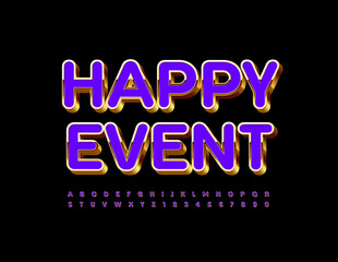 Vector bright poster Happy Event. 3D Purple and Gold Alphabet Letters and Numbers. Luxury shiny Font