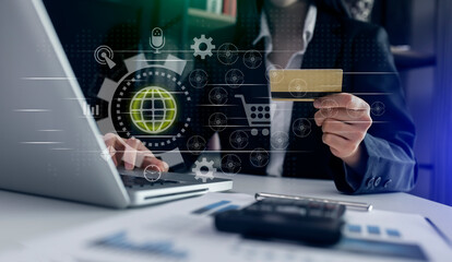 Business hands using credit cards and digital finance marketing chart, Future technology innovation background, Digital transformation stock marketing concept.
