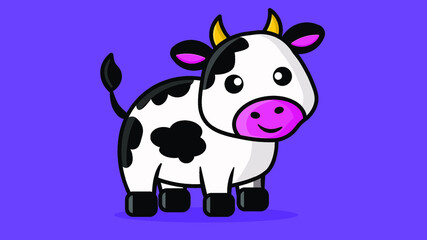 Cute little cow isolated in purple background. Vector illustration of cartoon cow in simple children's style