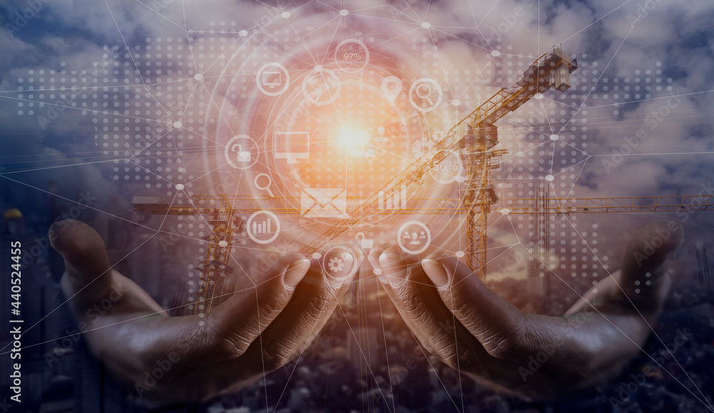 Aufkleber future building construction engineering and technology project concept. double exposure graphic wit