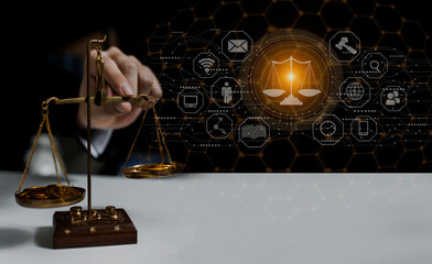 Concepts of Law and Legal services. Lawyer working with law interface icons. Blurred background.	
