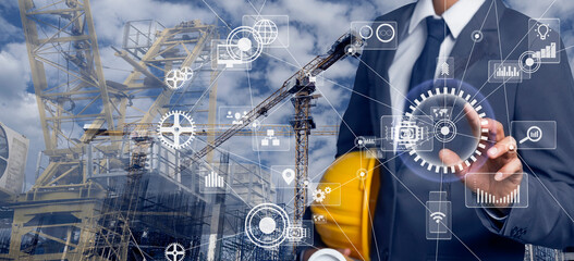 Future building construction engineering and technology project concept. double exposure graphic with engineer using digital tablet and smart industry and IOT software to control operation.