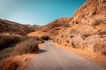 The main path that leads to the spring - Ein Mabua. Against the backdrop of the desert mountains