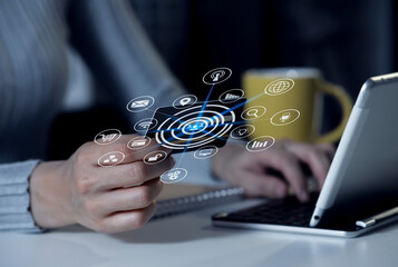 Businessman hands working on network and digital finance marketing chart with future technology innovation and digital transformation concept.