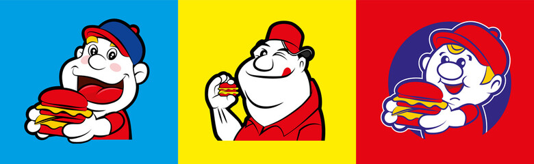 Cartoon cute fatty boy holding big burger character set