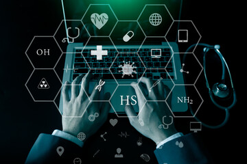 Medical technology and futuristic concept. Stethoscope with laptop and healthcare and network connection on hologram modern virtual screen interface icons, 