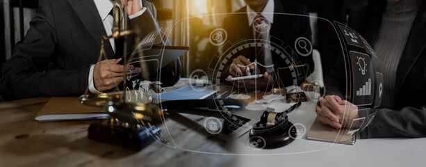 Concepts of Law and Legal services. Lawyer working with law interface icons. Blurred background.	