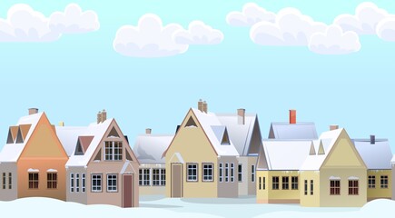 Winter street with snowdrifts. Rural houses. Sky. Quiet frosty day. Seamless. Roofs are covered with snow. Country landscape. Flat cartoon style. Vector art