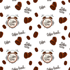 Seamless pattern with coffee beans and lettering.