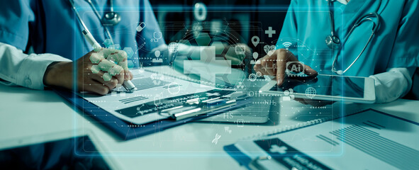 Medical technology and futuristic concept. Doctor using medical hologram modern virtual screen interface icons.	