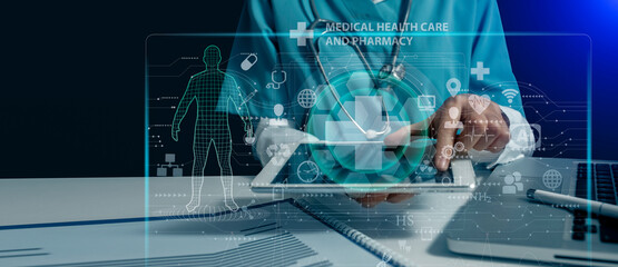 Medicine doctor touching on digital tablet and hologram modern virtual screen interface icons, Medical technology and futuristic concept.
