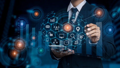 Businessman hands touching on network and digital finance marketing chart and future technology background