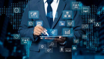 Businessman hands working on network and digital finance marketing chart with future technology innovation and digital transformation concept.