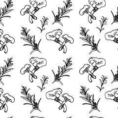 Seamless pattern in black and white with mushrooms and rosemary on a white background.
