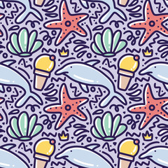 doodle set of sea ​​animals hand drawing