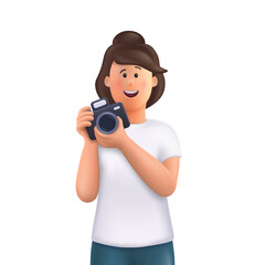 Young woman Jane holding camera, taking photo and smiling. Professional photographer, cameraman concept. 3d vector people character illustration.