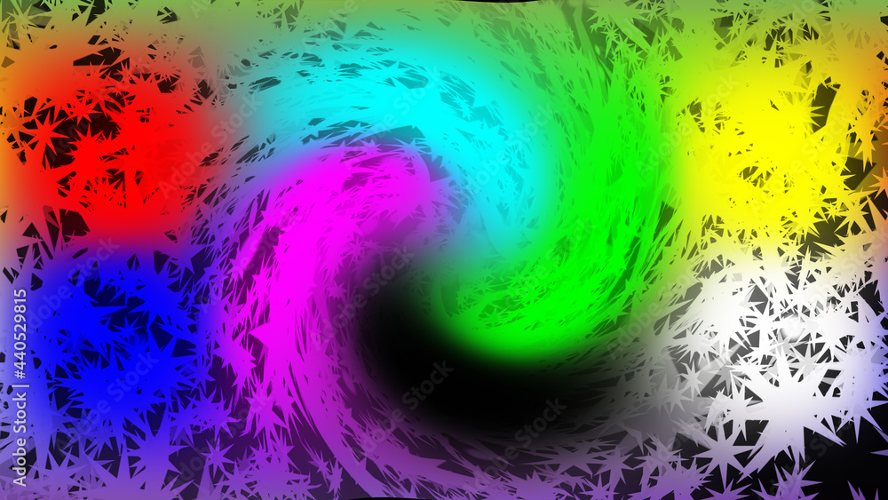 Poster abstract background of rotating multicolored snowflakes in endless space. a beautiful plan for a cel