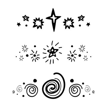 Set of spacers with black silhouette stars, dots and spiral. Vector space design element. Hand drawn flat baby cosmos text delimiters for articles, invitations and cards. Constellation and planetarium