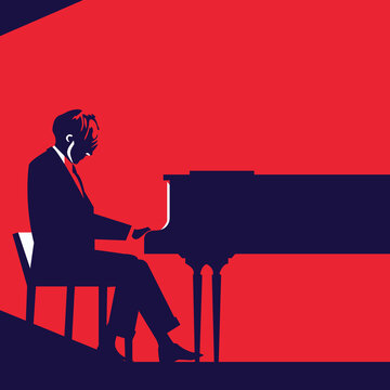 Man playing piano silhouette. Stylish pianist poster background cartoon vector illustration