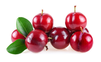 red cherry plum with green leaves isolated on white background