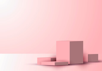 3D realistic cube shape podium or platform product display showcase pink background with lighting