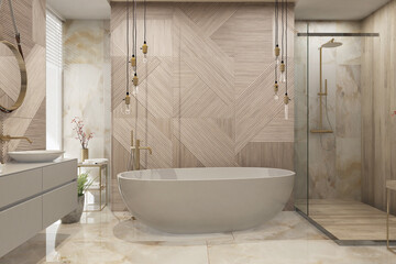 Naklejka na ściany i meble Modern bathroom interior with wooden decor in eco style