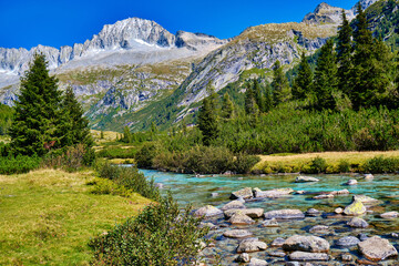 Magic montain river with summer mountains in Val di Fumo, in Adamello-Brenta National park. Blue...