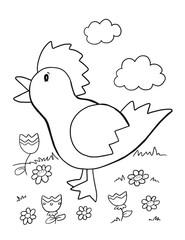 Cute Farm Rooster Coloring Page Vector Illustration Art
