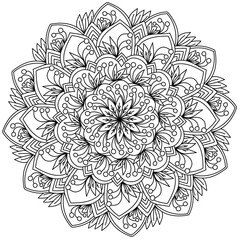 Ornate mandala with bunches of berries and striped patterns, zen plant coloring page