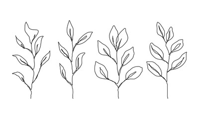 Leaves Set One Line Drawing. Hand Drawn Minimalism Style of Simple Leaves Line Art Drawing. Abstract Contemporary Design Template for Covers, t-Shirt Print, Postcard, Banner etc. Vector EPS 10