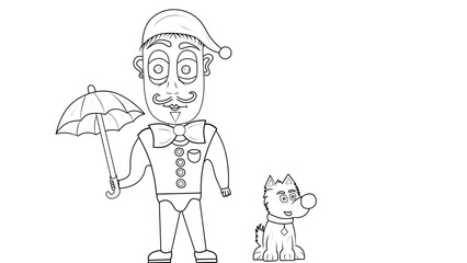 A man with an umbrella standing next to a dog