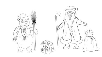 Snowman with a broom and Santa Claus with a bag of gifts