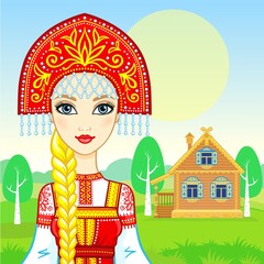 Animation portrait of the young beautiful Russian girl in ancient national clothes. Fairy tale character. Background - a summer landscape, ancient rural wooden house.  Vector illustration. 