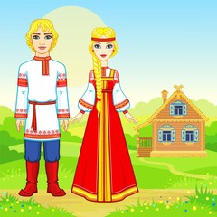 Animation portrait of beautiful Russian family  in traditional clothes.  Fairy tale character. Full growth. A background - a rural landscape, the ancient house. Vector illustration.