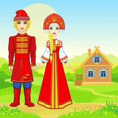 Animation portrait of beautiful Russian family  in traditional clothes.  Fairy tale character. Full growth. A background - a rural landscape, the ancient house. Vector illustration.