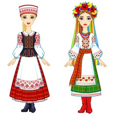 Slavic beauty. Animation portrait of the Ukrainian and Belarusian girls in national suits. Eastern Europe. Full growth. Vector illustration isolated on a white background.