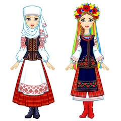 Slavic beauty. Animation portrait of the Ukrainian and Belarusian girls in national suits. Eastern Europe. Full growth. Vector illustration isolated on a white background.