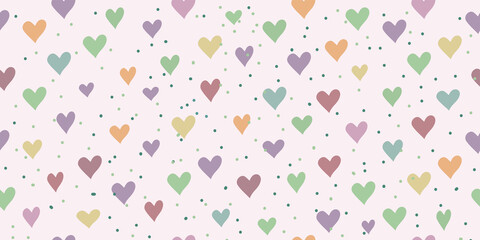 Seamless pattern with colorful hearts, light pink background, vector drawing, wide horizontal design