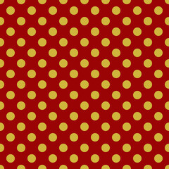 Seamless background with dots pattern gold yellow color, polka dots on red background
