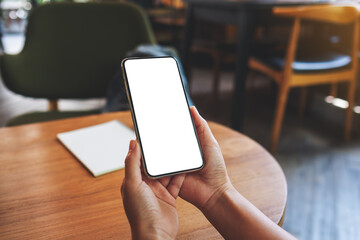 Mockup image of a woman holding mobile phone with blank white desktop screen